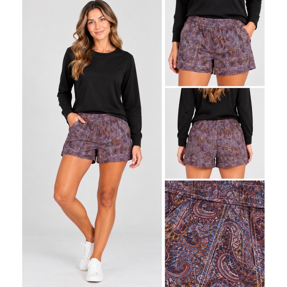 J.Crew Liberty Fabric Paisley Shorts Multi-Color Elastic Waist Pockets Womens